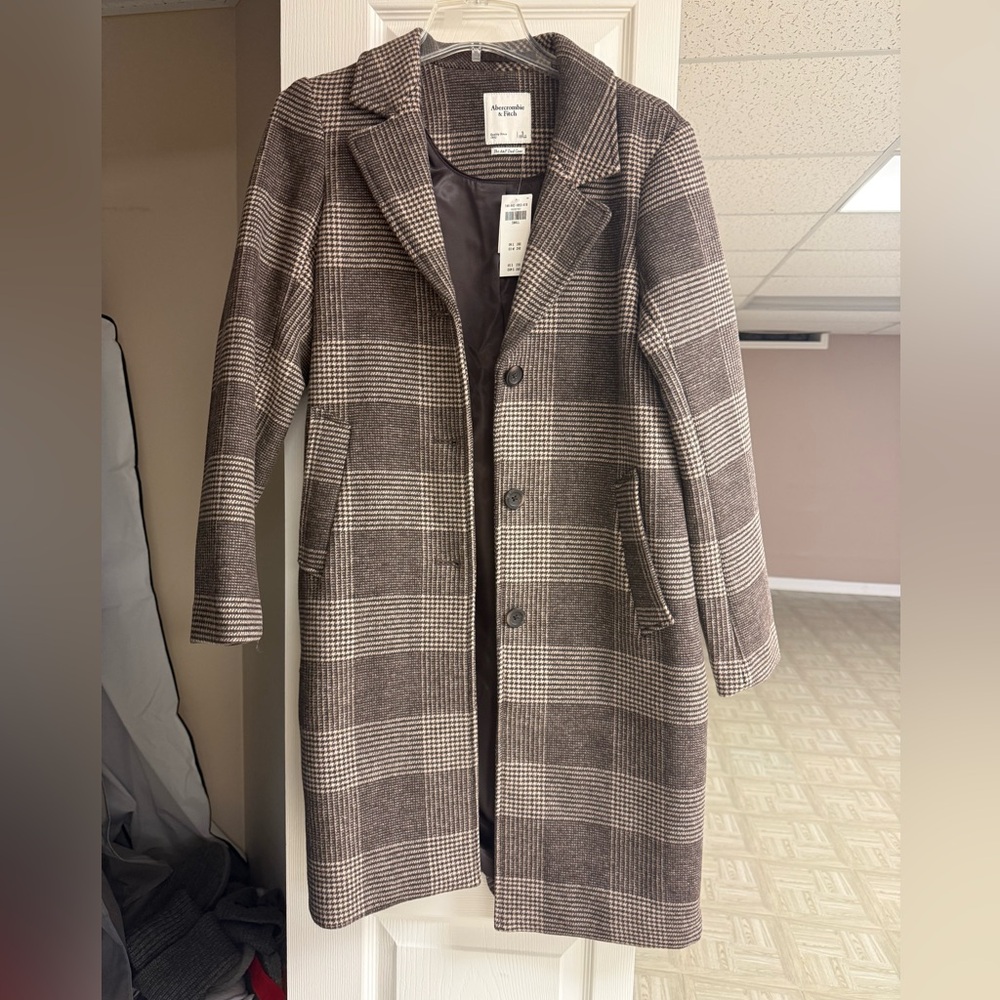 Abercrombie and Fitch Brown and Cream Plaid Trench Coat size S